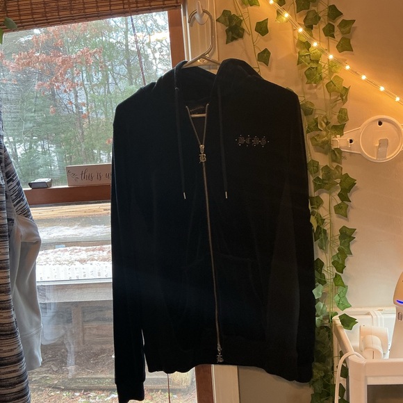 BCBGMAXAZRIA Black Velour Zip Hoodie | XL | Crown Graphic | Luxe Y2K - Picture 10 of 10